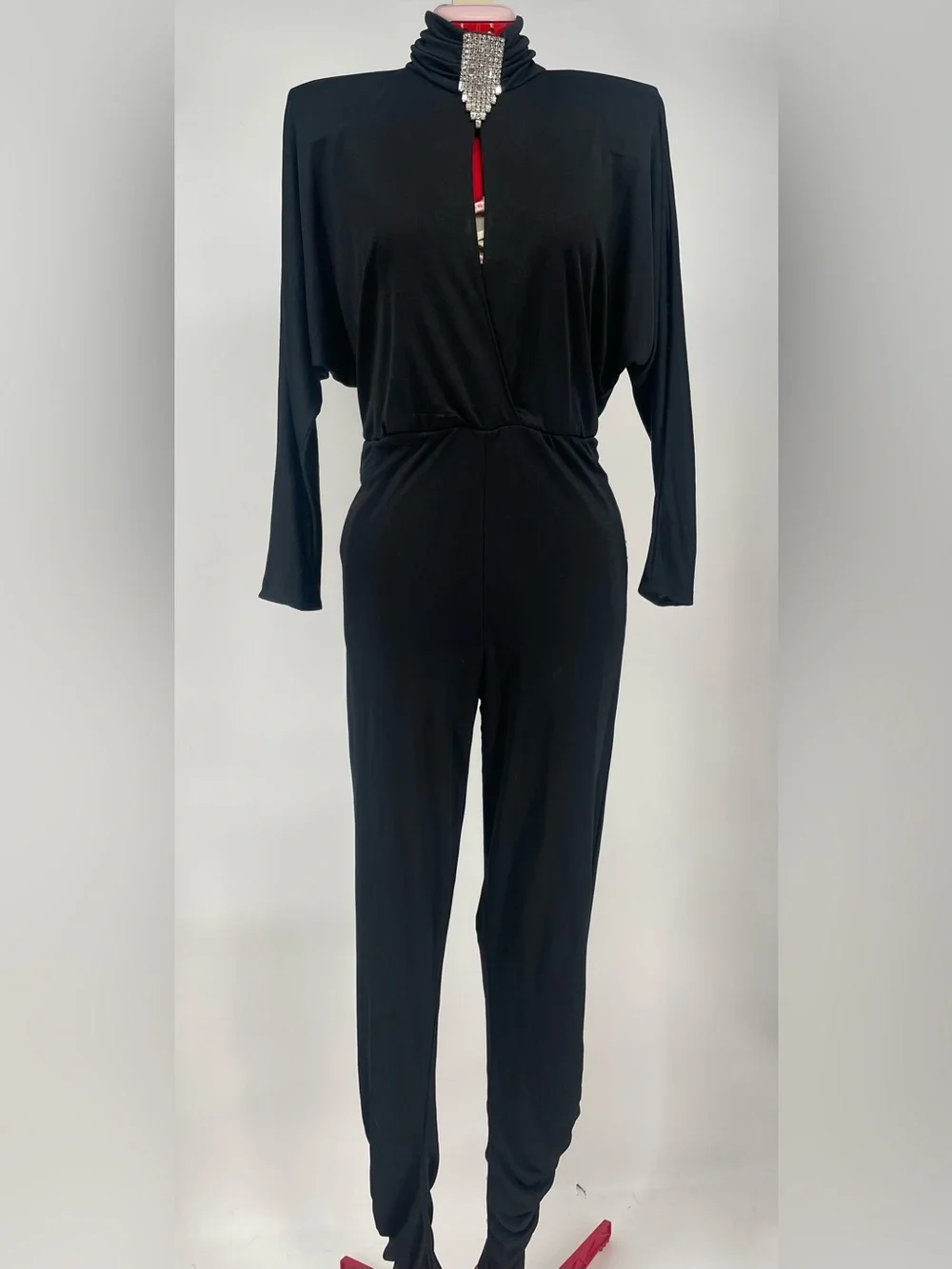 80s Dramatic Shoulder Pad Open Back Long Sleeve Jumpsuit Rhinestone Detail